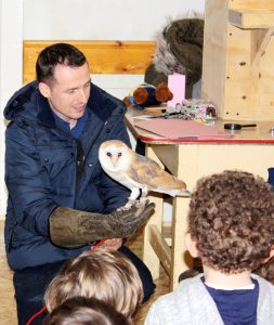 Dan Donagher showing Ollie the female Barn Owl to a group of Kildare cubs.
